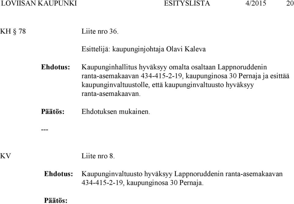 ranta-asemakaavan 434-415-2-19, kaupunginosa 30 Pernaja ja esittää kaupunginvaltuustolle, että