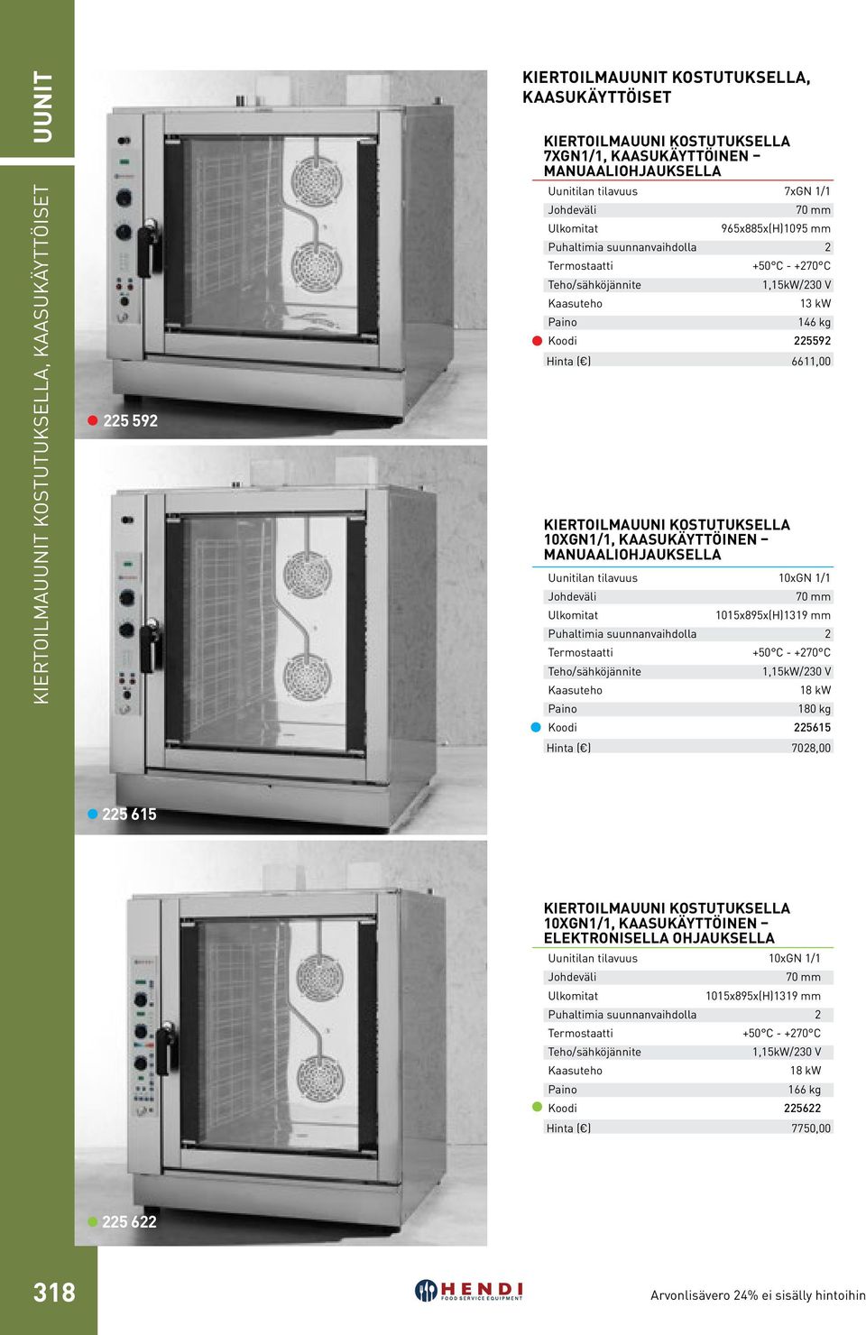 Uunitilan tilavuus 10xGN 1/1 70 1015x895x(H)1319 Kaasuteho +50 C - +270 C 1,15kW/230 V 18 kw 180 kg Koodi 225615 Hinta ( ) 7028,00 225 615 10XGN1/1, kaasukäyttöinen