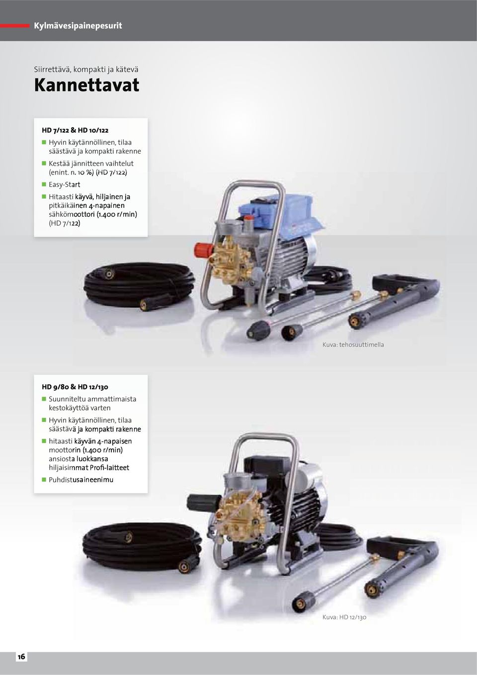 400 r/min) (HD 7/122) Kuva: tehosuuttimella HD 9/80 & HD 12/130 Suunniteltu ammattimaista kestokäyttöä varten Hyvin käytännöllinen, tilaa