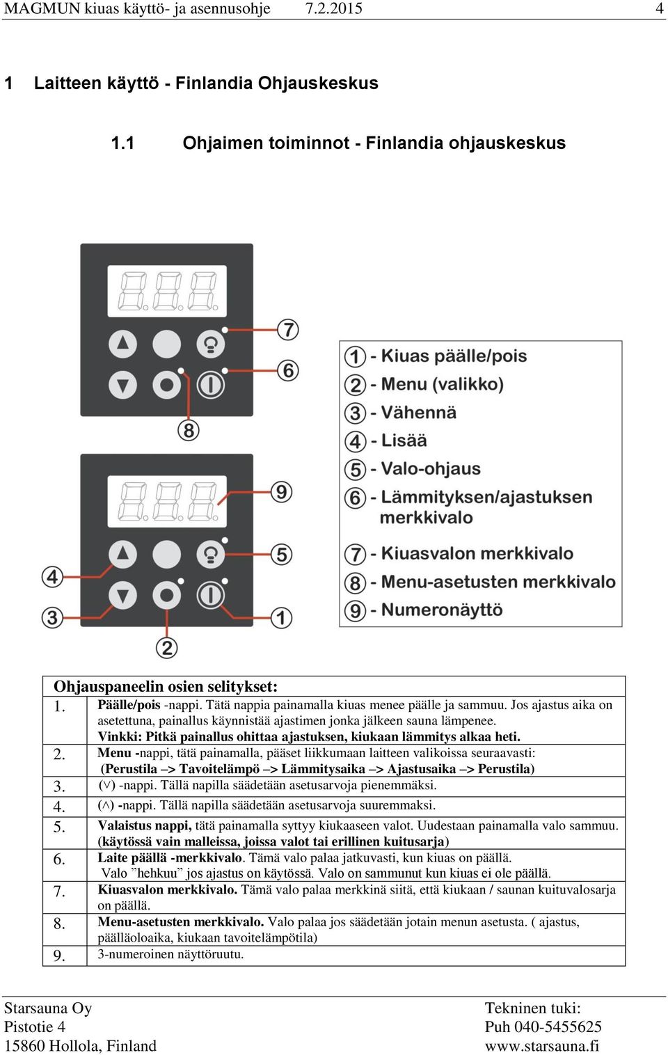 Vinkki: Pitkä painallus ohittaa ajastuksen, kiukaan lämmitys alkaa heti. 2.