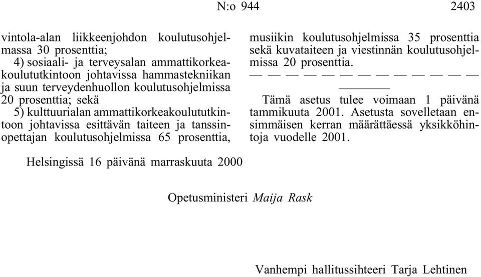 prosenttia, musiikin koulutusohjelmissa 35 prosenttia sekä kuvataiteen ja viestinnän koulutusohjelmissa 20 prosenttia. Tämä asetus tulee voimaan 1 päivänä tammikuuta 2001.