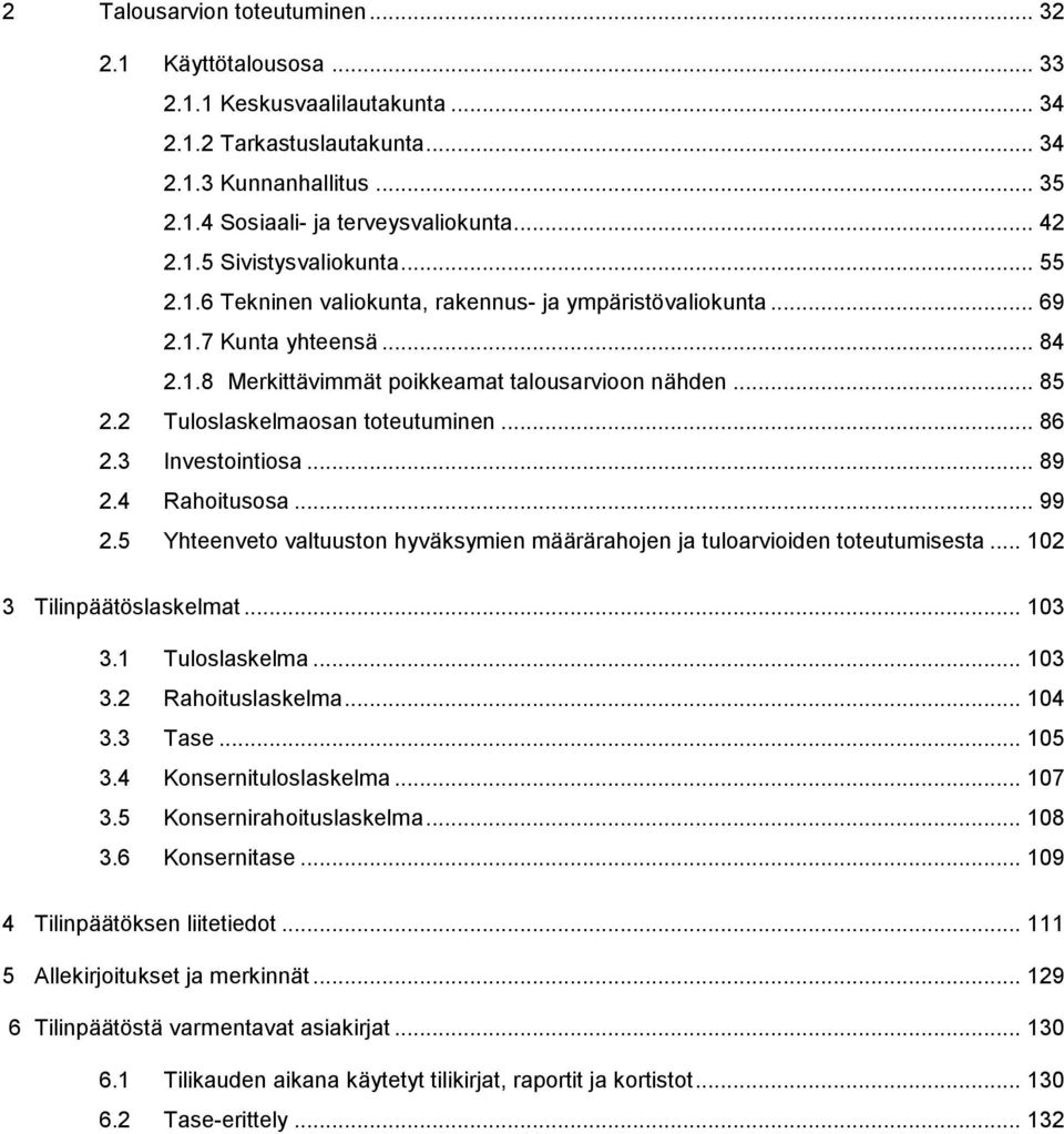 3 Investointiosa... 89 2.4 Rahoitusosa... 99 2.5 Yhteenveto valtuuston hyväksymien määrärahojen ja tuloarvioiden toteutumisesta... 102 3 Tilinpäätöslaskelmat... 103 3.1 Tuloslaskelma... 103 3.2 Rahoituslaskelma.