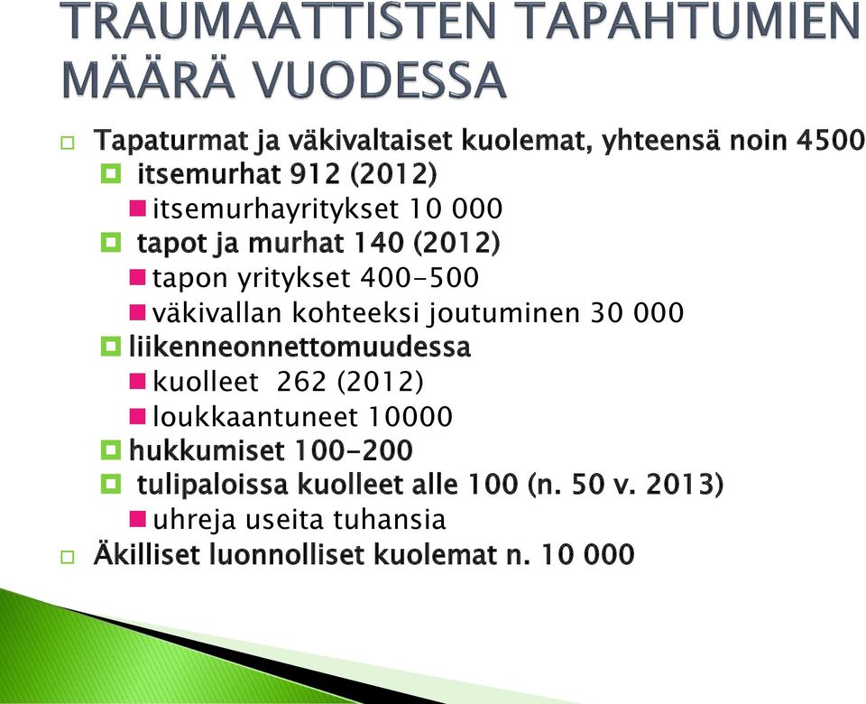 liikenneonnettomuudessa kuolleet 262 (2012) loukkaantuneet 10000 hukkumiset 100-200 tulipaloissa