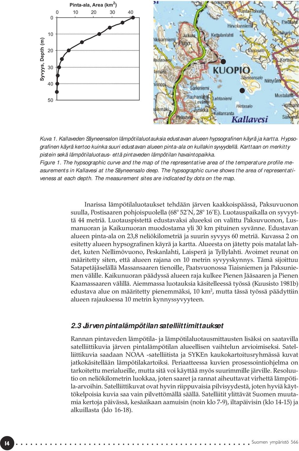 The hypsographic curve and the map of the representative area of the temperature profile measurements in Kallavesi at the Säyneensalo deep.