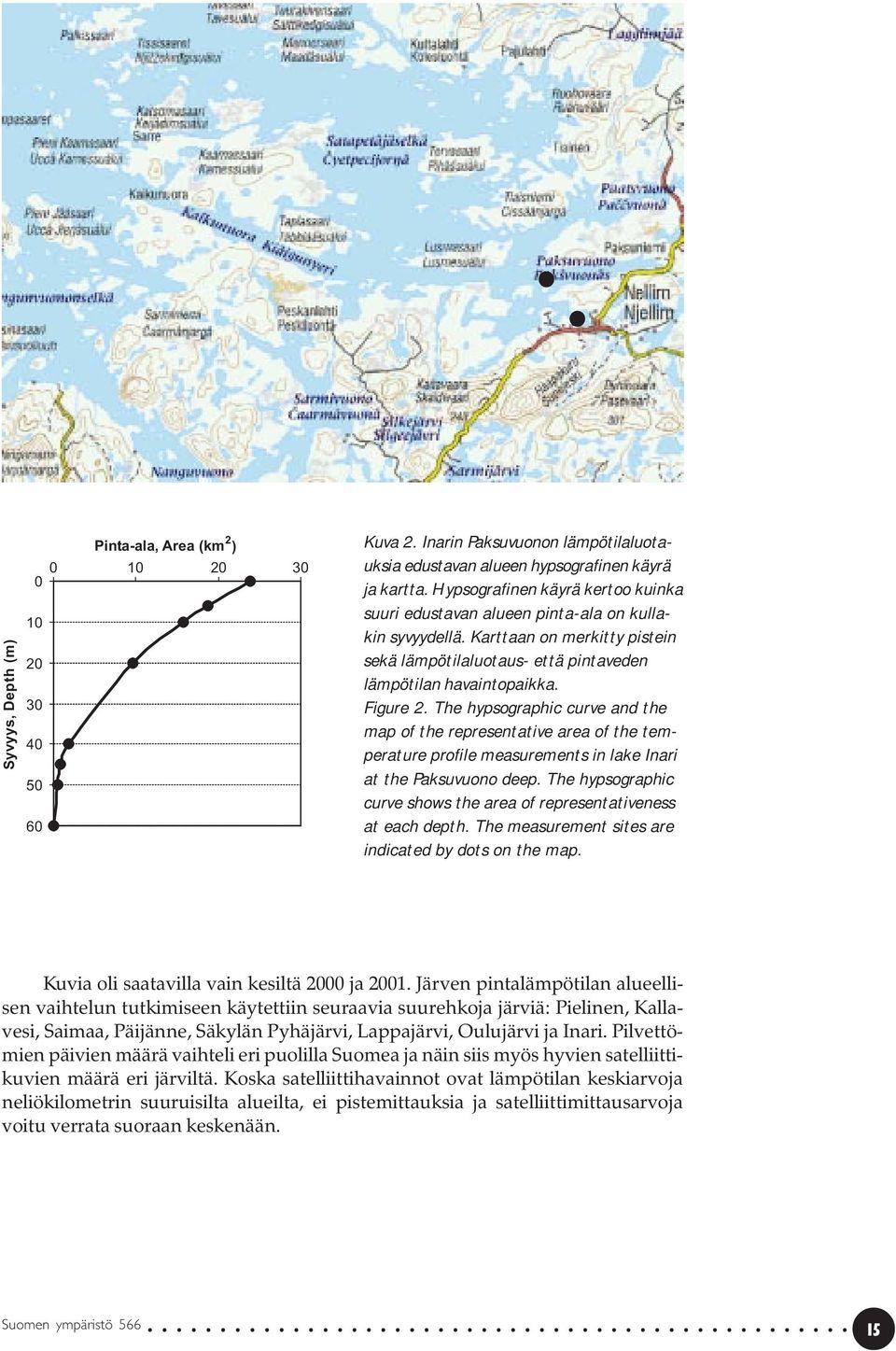 The hypsographic curve and the map of the representative area of the temperature profile measurements in lake Inari at the Paksuvuono deep.