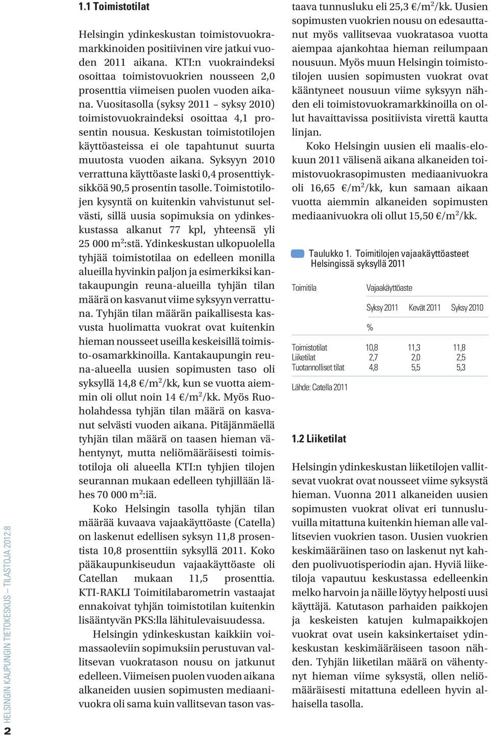 Keskustan toimistotilojen käyttöasteissa ei ole tapahtunut suurta muutosta vuoden aikana. Syksyyn 2010 verrattuna käyttöaste laski 0,4 prosenttiyksikköä 90,5 prosentin tasolle.