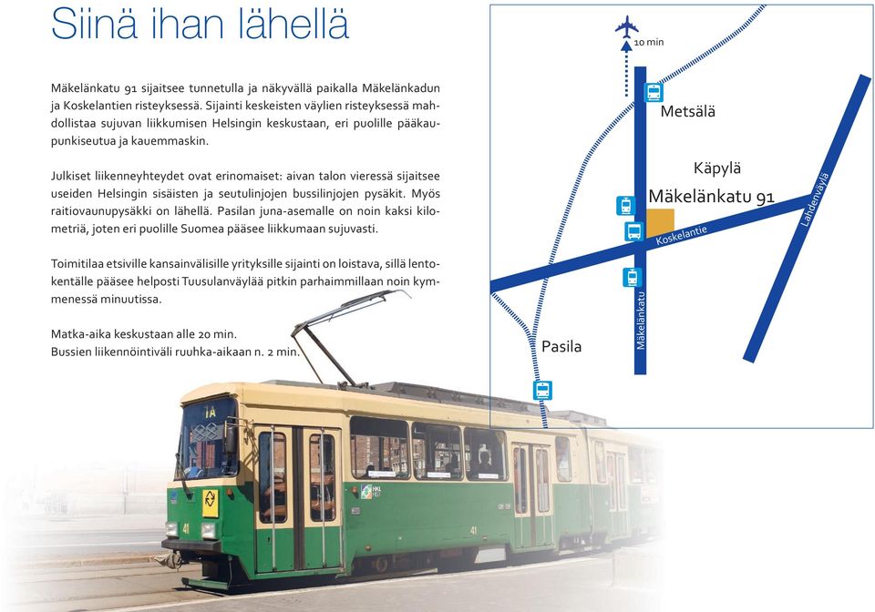 Julkiset liikenneyhteydet ovat erinomaiset: aivan talon vieressä sijaitsee useiden Helsingin sisäisten ja seutulinjojen bussilinjojen pysäkit. Myös raitiovaunupysäkki on lähellä.