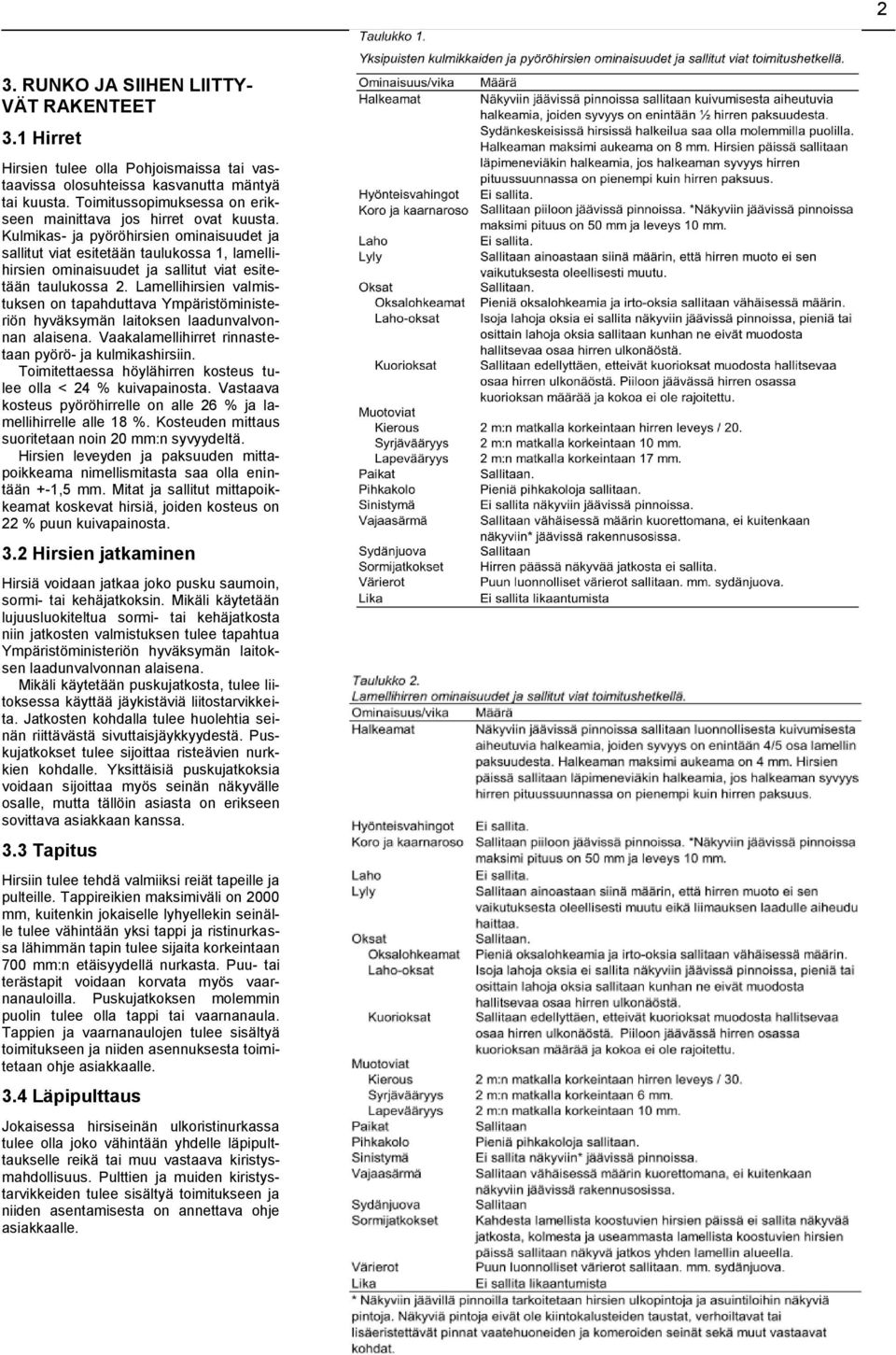 Kulmikas- ja pyöröhirsien ominaisuudet ja sallitut viat esitetään taulukossa 1, lamellihirsien ominaisuudet ja sallitut viat esitetään taulukossa 2.