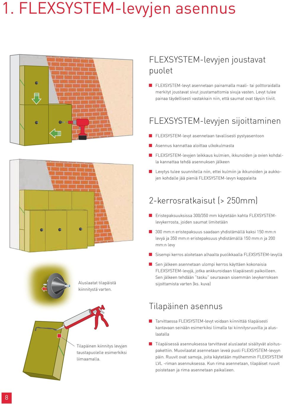 FLEXSYSTEM-levyjen sijoittaminen FLEXSYSTEM-levyt asennetaan tavallisesti pystyasentoon Asennus kannattaa aloittaa ulkokulmasta FLEXSYSTEM-levyjen leikkaus kulmien, ikkunoiden ja ovien kohdalla