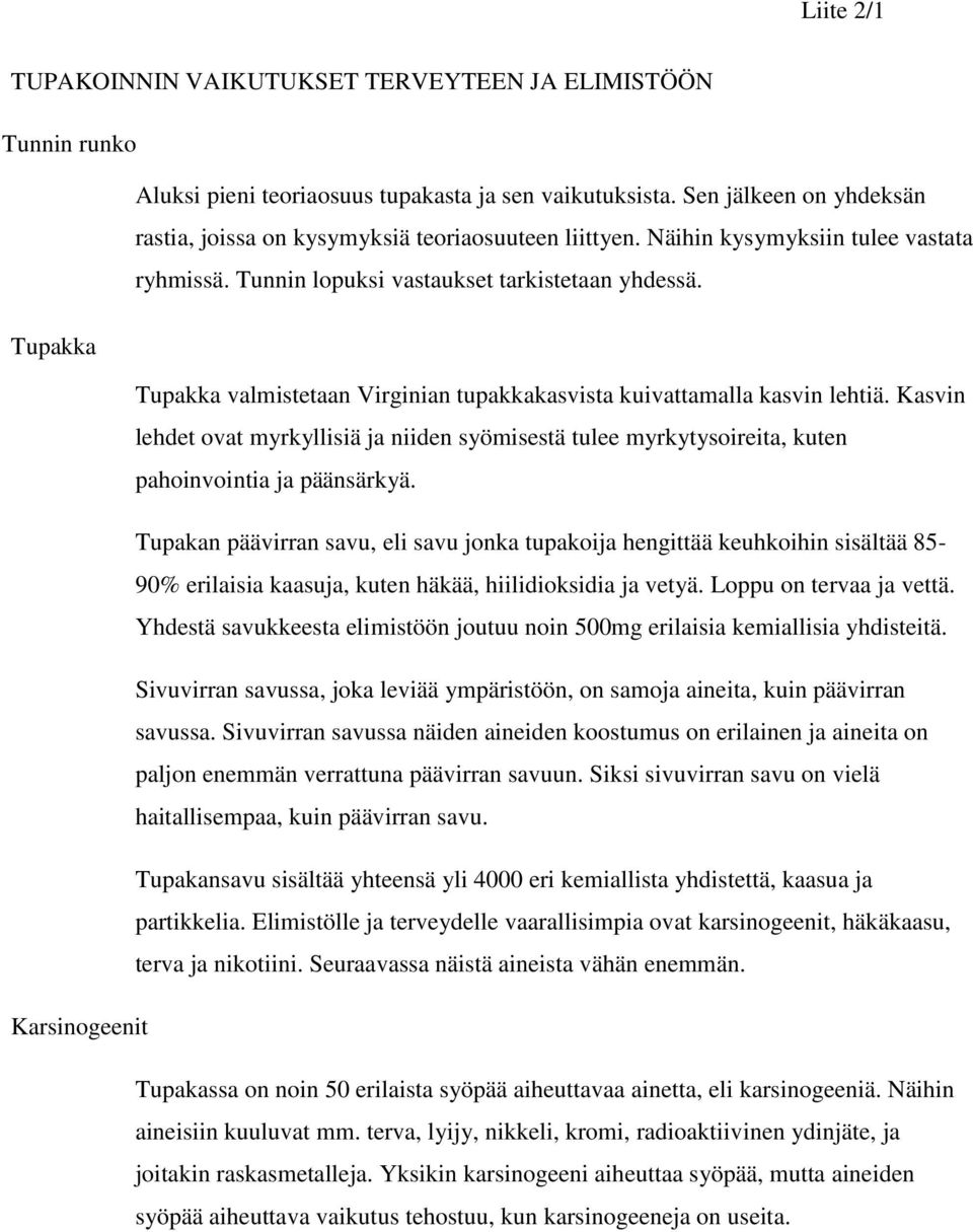 Tupakka Tupakka valmistetaan Virginian tupakkakasvista kuivattamalla kasvin lehtiä. Kasvin lehdet ovat myrkyllisiä ja niiden syömisestä tulee myrkytysoireita, kuten pahoinvointia ja päänsärkyä.