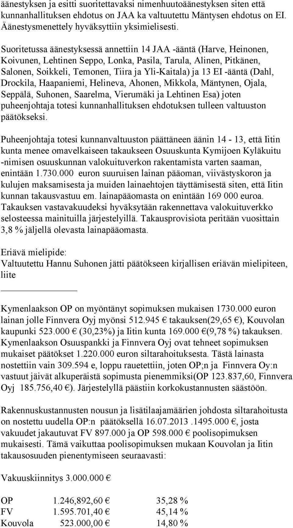 -ääntä (Dahl, Drockila, Haapaniemi, Helineva, Ahonen, Mikkola, Mäntynen, Ojala, Seppälä, Suhonen, Saarelma, Vierumäki ja Lehtinen Esa) joten puheenjohtaja totesi kunnanhallituksen ehdotuksen tulleen