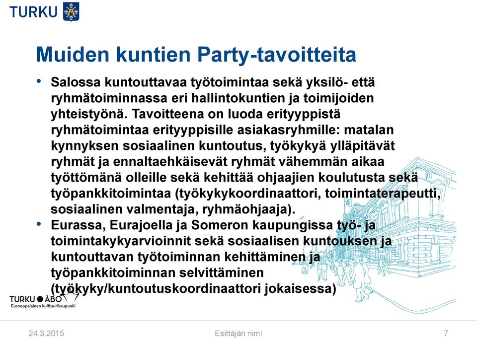 aikaa työttömänä olleille sekä kehittää ohjaajien koulutusta sekä työpankkitoimintaa (työkykykoordinaattori, toimintaterapeutti, sosiaalinen valmentaja, ryhmäohjaaja).