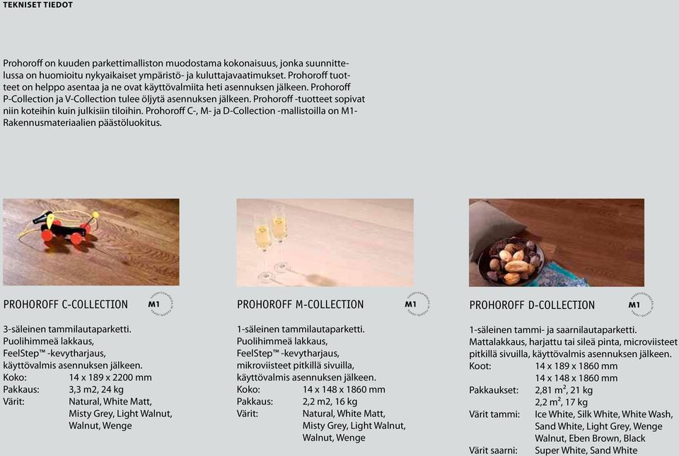 Prohoroff -tuotteet sopivat niin koteihin kuin julkisiin tiloihin. Prohoroff C-, M- ja D-Collection -mallistoilla on M1- Rakennusmateriaalien päästöluokitus.