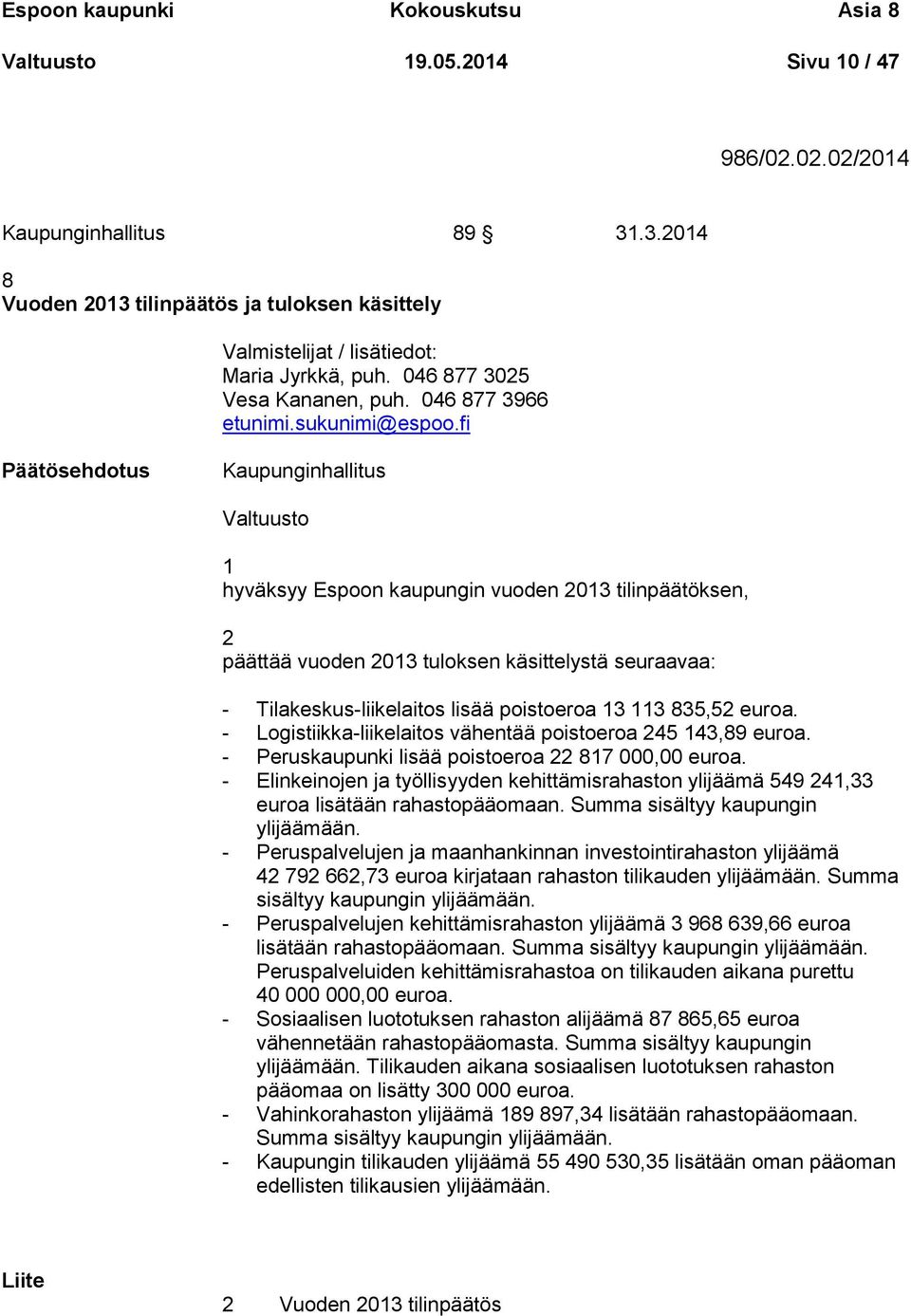 fi Kaupunginhallitus Valtuusto 1 hyväksyy Espoon kaupungin vuoden 2013 tilinpäätöksen, 2 päättää vuoden 2013 tuloksen käsittelystä seuraavaa: - Tilakeskus-liikelaitos lisää poistoeroa 13 113 835,52