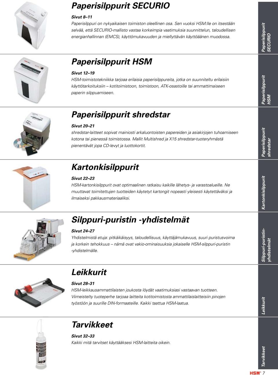 SECURIO HSM Sivut 12 19 HSM-toimistotekniikka tarjoaa erilaisia paperisilppureita, jotka on suunniteltu erilaisiin käyttötarkoituksiin kotitoimistoon, toimistoon, ATK-osastoille tai aattimaiseen