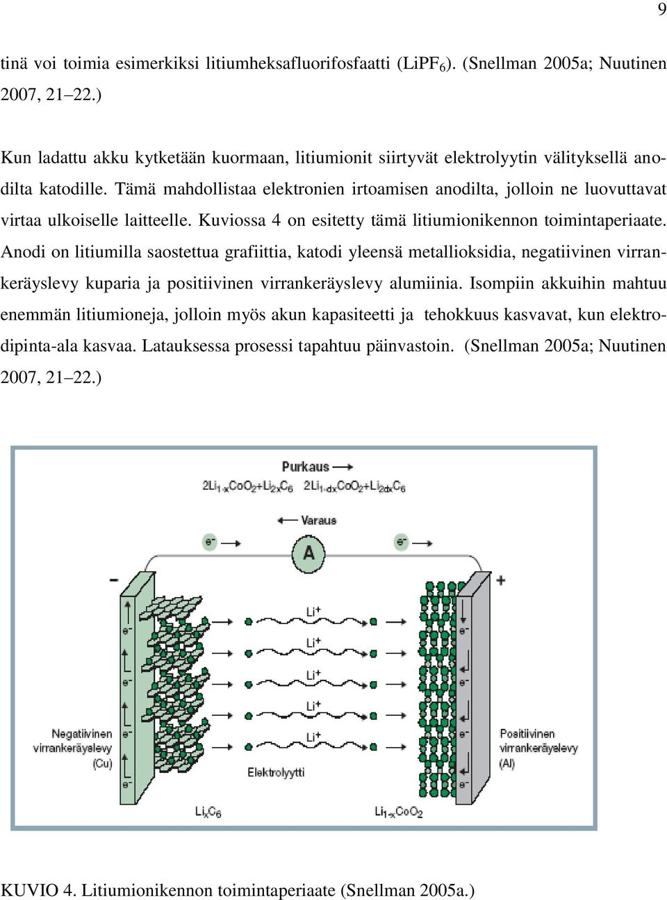 Tämä mahdollistaa elektronien irtoamisen anodilta, jolloin ne luovuttavat virtaa ulkoiselle laitteelle. Kuviossa 4 on esitetty tämä litiumionikennon toimintaperiaate.