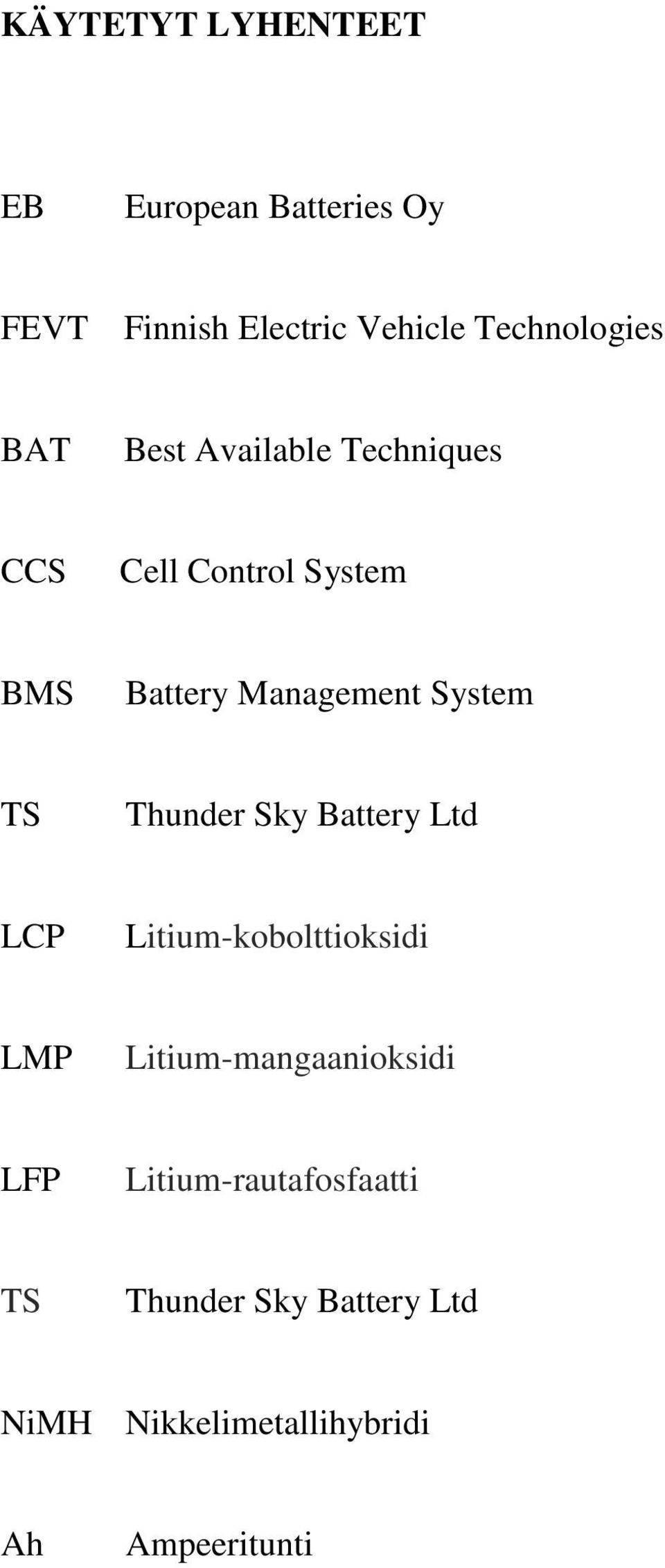 Thunder Sky Battery Ltd LCP Litium-kobolttioksidi LMP Litium-mangaanioksidi LFP