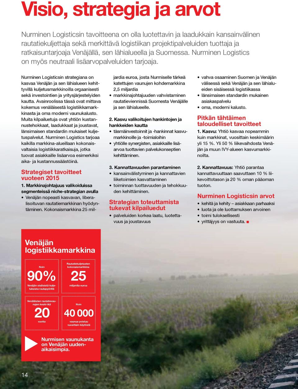 Nurminen Logisticsin strategiana on kasvaa Venäjän ja sen lähialueen kehittyvillä kuljetusmarkkinoilla orgaanisesti sekä investointien ja yritysjärjestelyiden kautta.