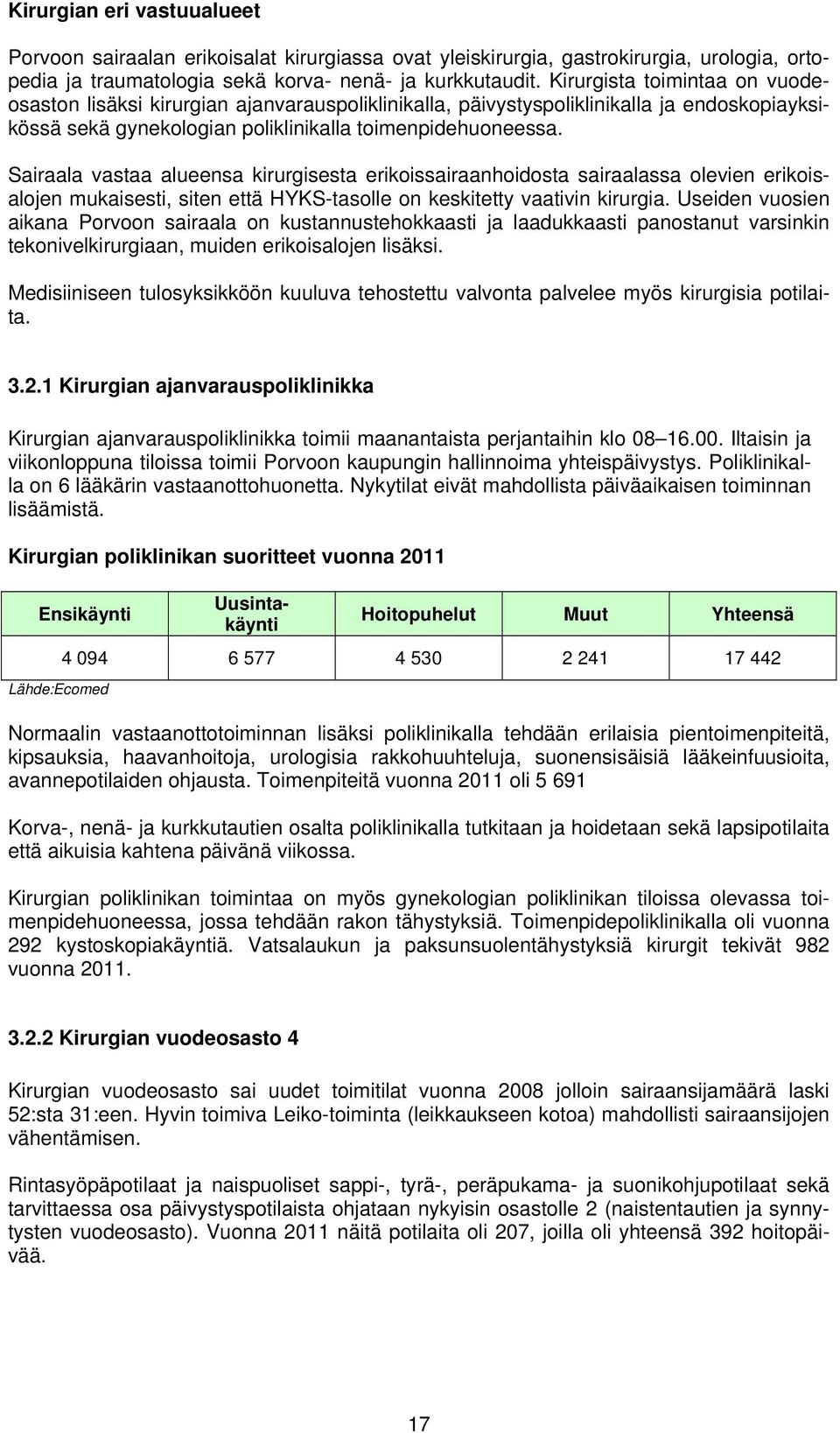 Sairaala vastaa alueensa kirurgisesta erikoissairaanhoidosta sairaalassa olevien erikoisalojen mukaisesti, siten että HYKS-tasolle on keskitetty vaativin kirurgia.