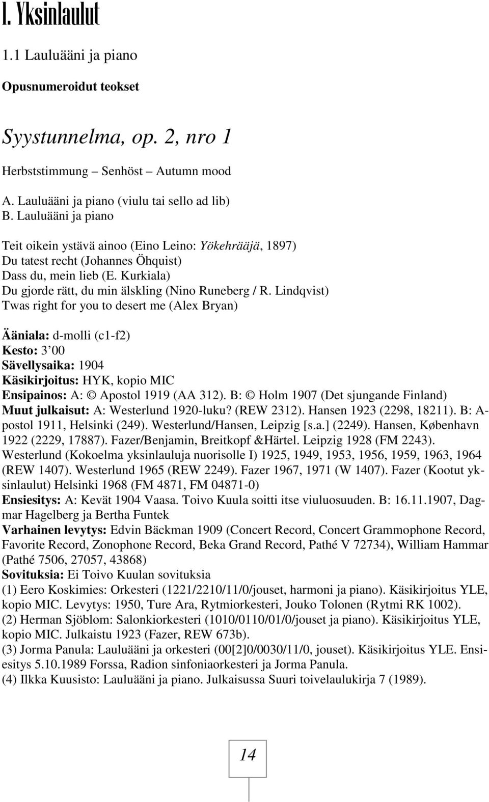 Lindqvist) Twas right for you to desert me (Alex Bryan) Ääniala: d-molli (c1-f2) Kesto: 3 00 Sävellysaika: 1904, kopio MIC Ensipainos: A: Apostol 1919 (AA 312).