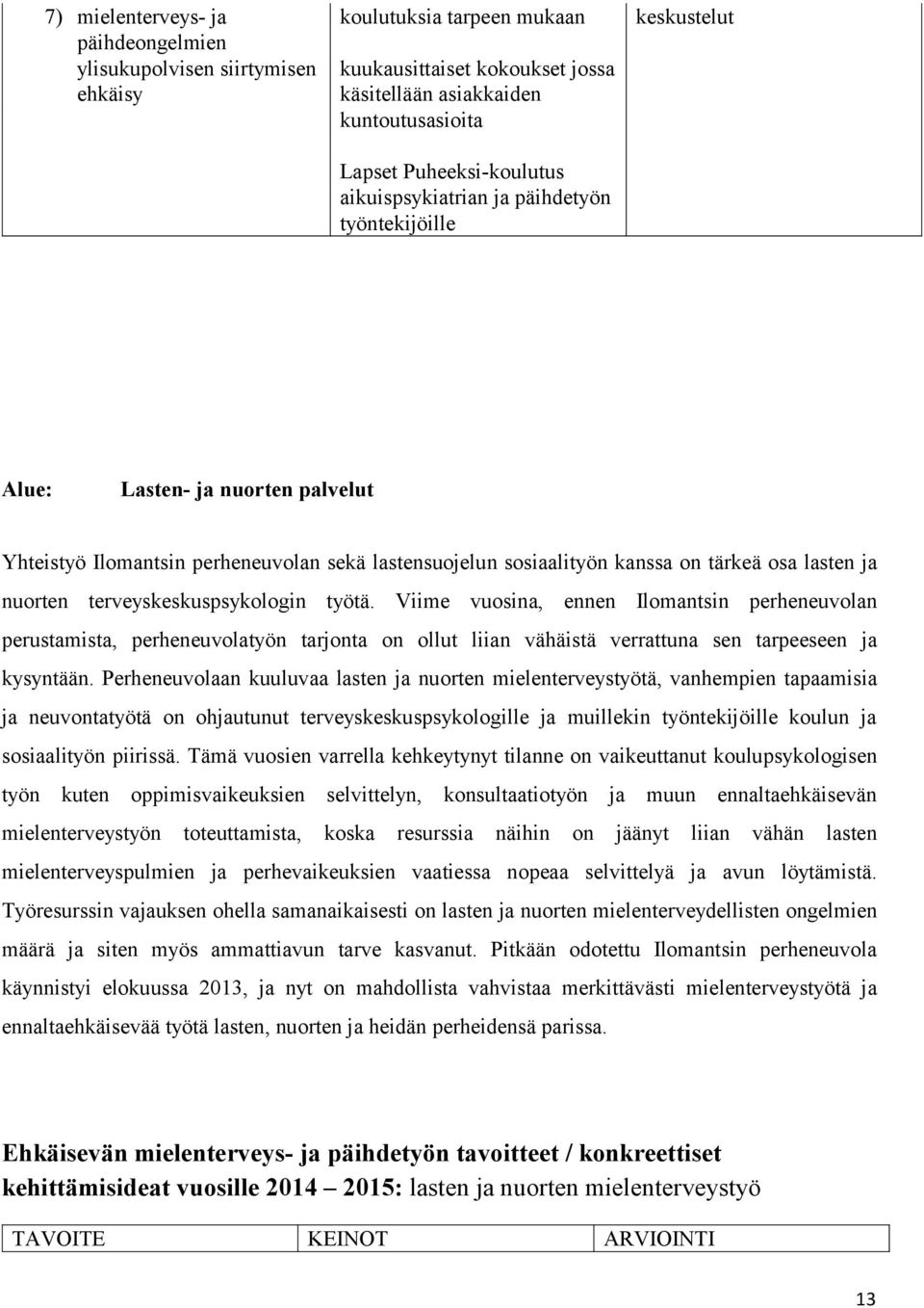 terveyskeskuspsykologin työtä. Viime vuosina, ennen Ilomantsin perheneuvolan perustamista, perheneuvolatyön tarjonta on ollut liian vähäistä verrattuna sen tarpeeseen ja kysyntään.