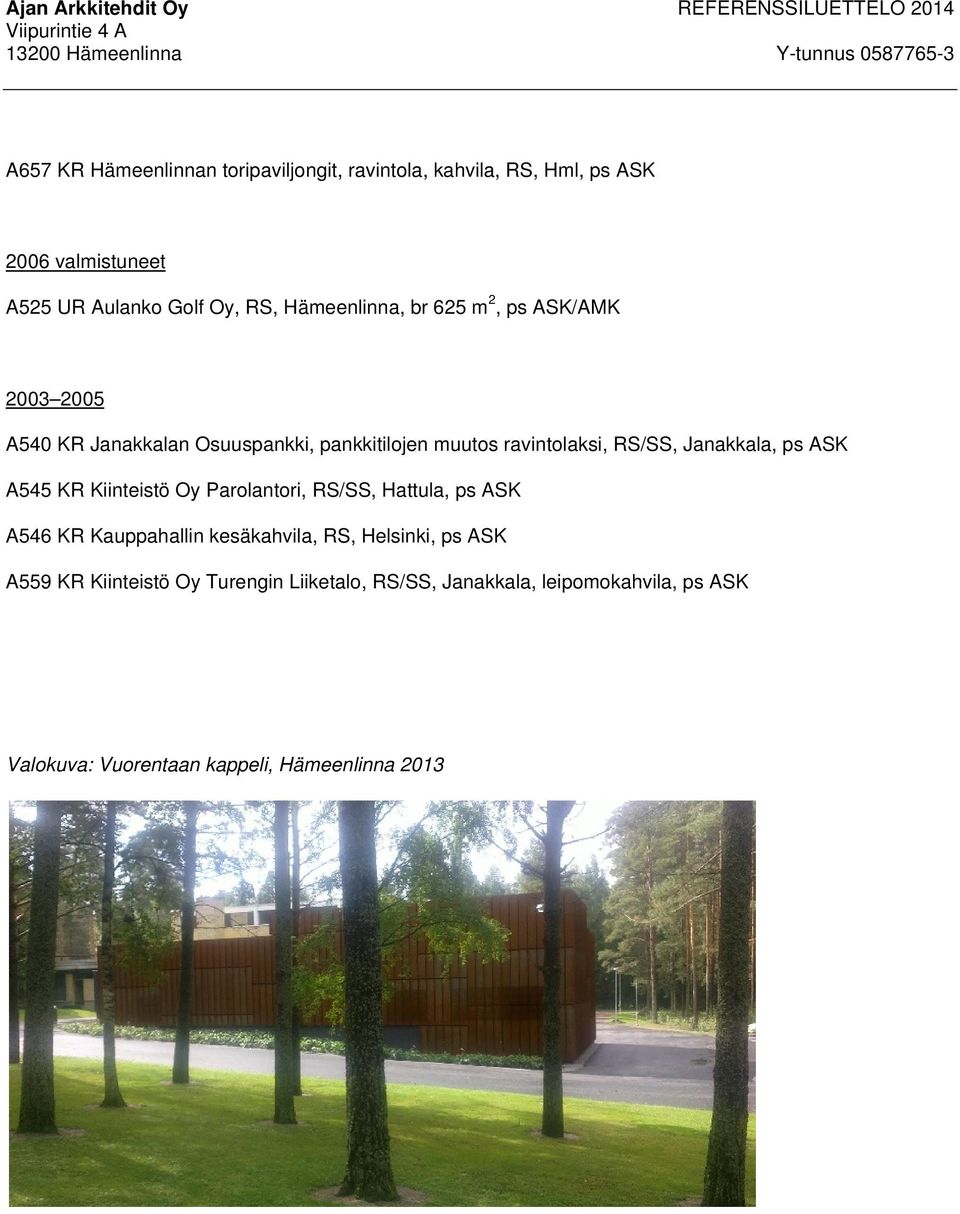 Janakkala, ps ASK A545 KR Kiinteistö Oy Parolantori, RS/SS, Hattula, ps ASK A546 KR Kauppahallin kesäkahvila, RS, Helsinki,