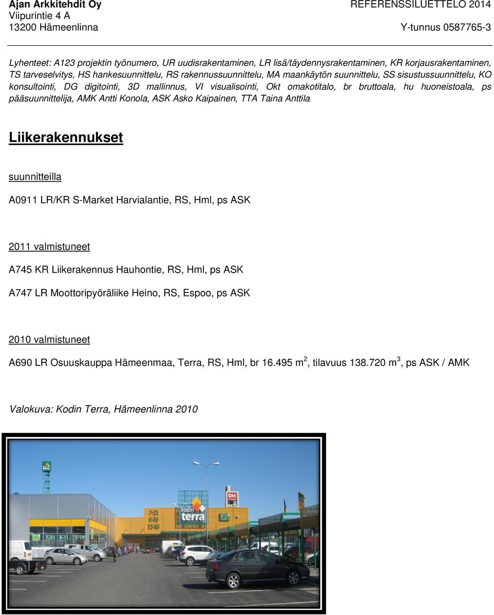 Asko Kaipainen, TTA Taina Anttila Liikerakennukset suunnitteilla A0911 LR/KR S-Market Harvialantie, RS, Hml, ps ASK 2011 valmistuneet A745 KR Liikerakennus Hauhontie, RS, Hml, ps ASK A747 LR