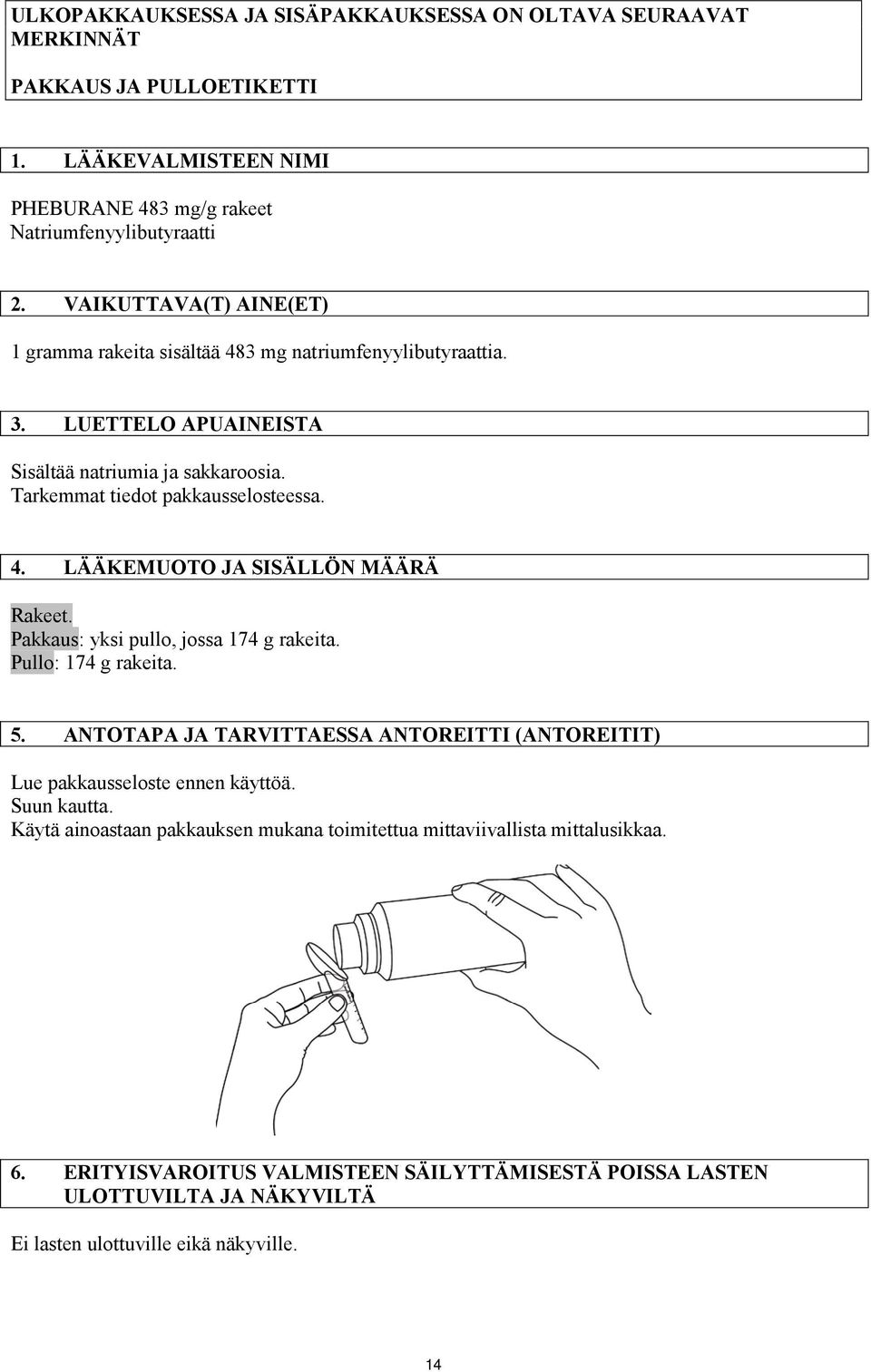 Pakkaus: yksi pullo, jossa 174 g rakeita. Pullo: 174 g rakeita. 5. ANTOTAPA JA TARVITTAESSA ANTOREITTI (ANTOREITIT) Lue pakkausseloste ennen käyttöä. Suun kautta.