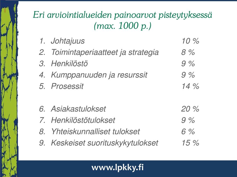 Kumppanuuden ja resurssit 9 % 5. Prosessit 14 % 6. Asiakastulokset 20 % 7.