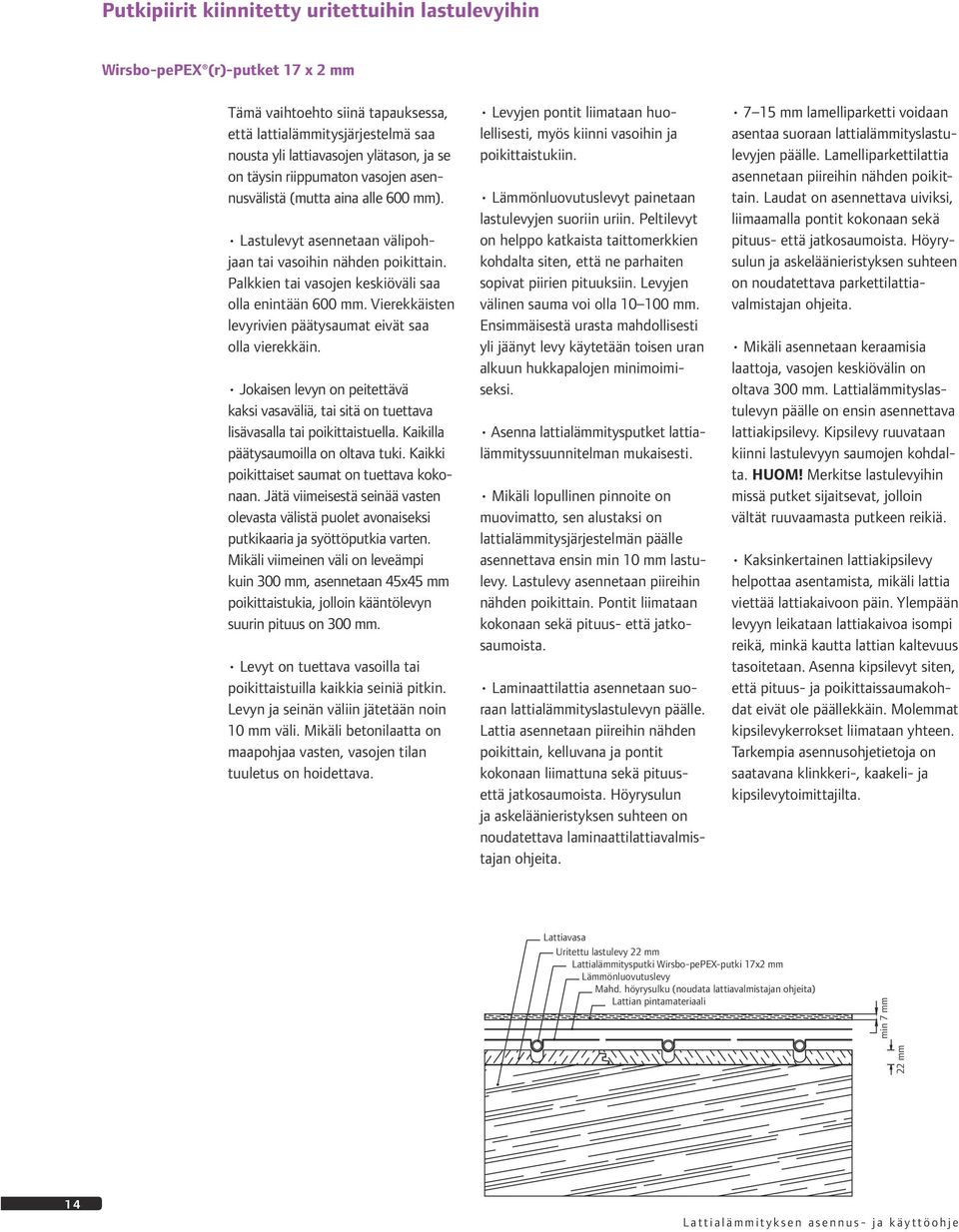 Vierekkäisten levyrivien päätysaumat eivät saa olla vierekkäin. Jokaisen levyn on peitettävä kaksi vasaväliä, tai sitä on tuettava lisävasalla tai poikittaistuella.