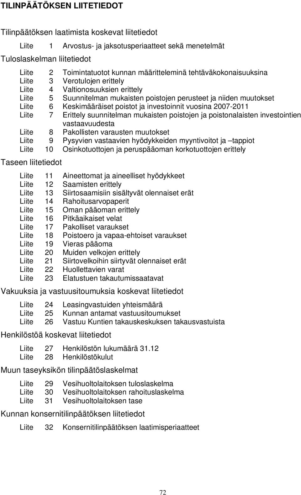 poistot ja investoinnit vuosina 2007-2011 Liite 7 Erittely suunnitelman mukaisten poistojen ja poistonalaisten investointien vastaavuudesta Liite 8 Pakollisten varausten muutokset Liite 9 Pysyvien