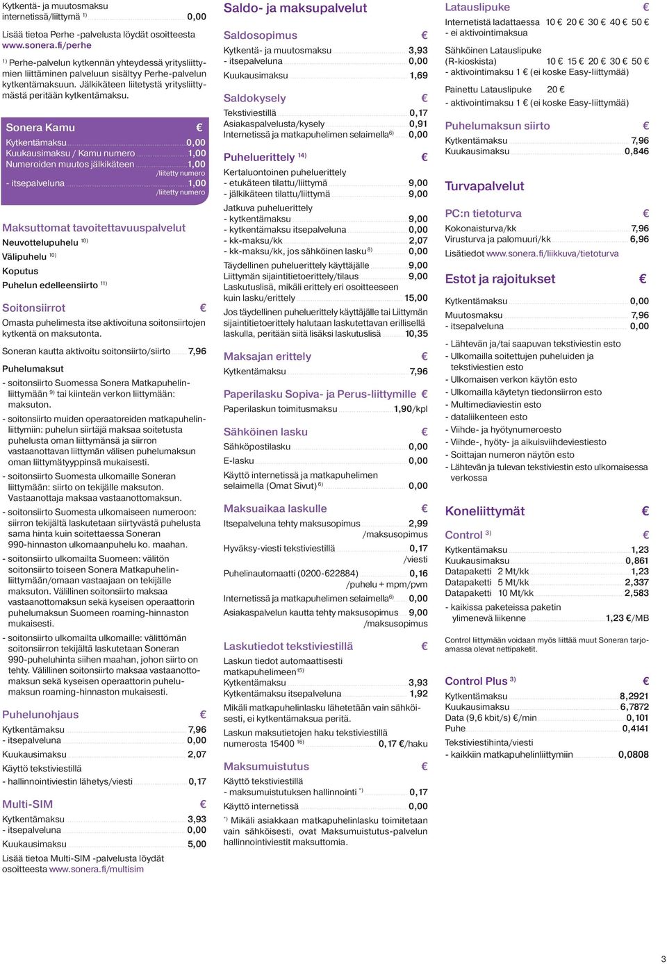 Sonera Kamu Kytkentämaksu 0,00 Kuukausimaksu / Kamu numero 1,00 Numeroiden muutos jälkikäteen 1,00 /liitetty numero - itsepalveluna 1,00 /liitetty numero Maksuttomat tavoitettavuuspalvelut