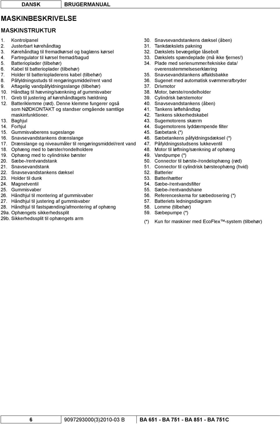Aftagelig vandpåfyldningsslange (tilbehør) 10. Håndtag til hævning/sænkning af gummisvaber 11. Greb til justering af kørehåndtagets hældning 12. Batteriklemme (rød).