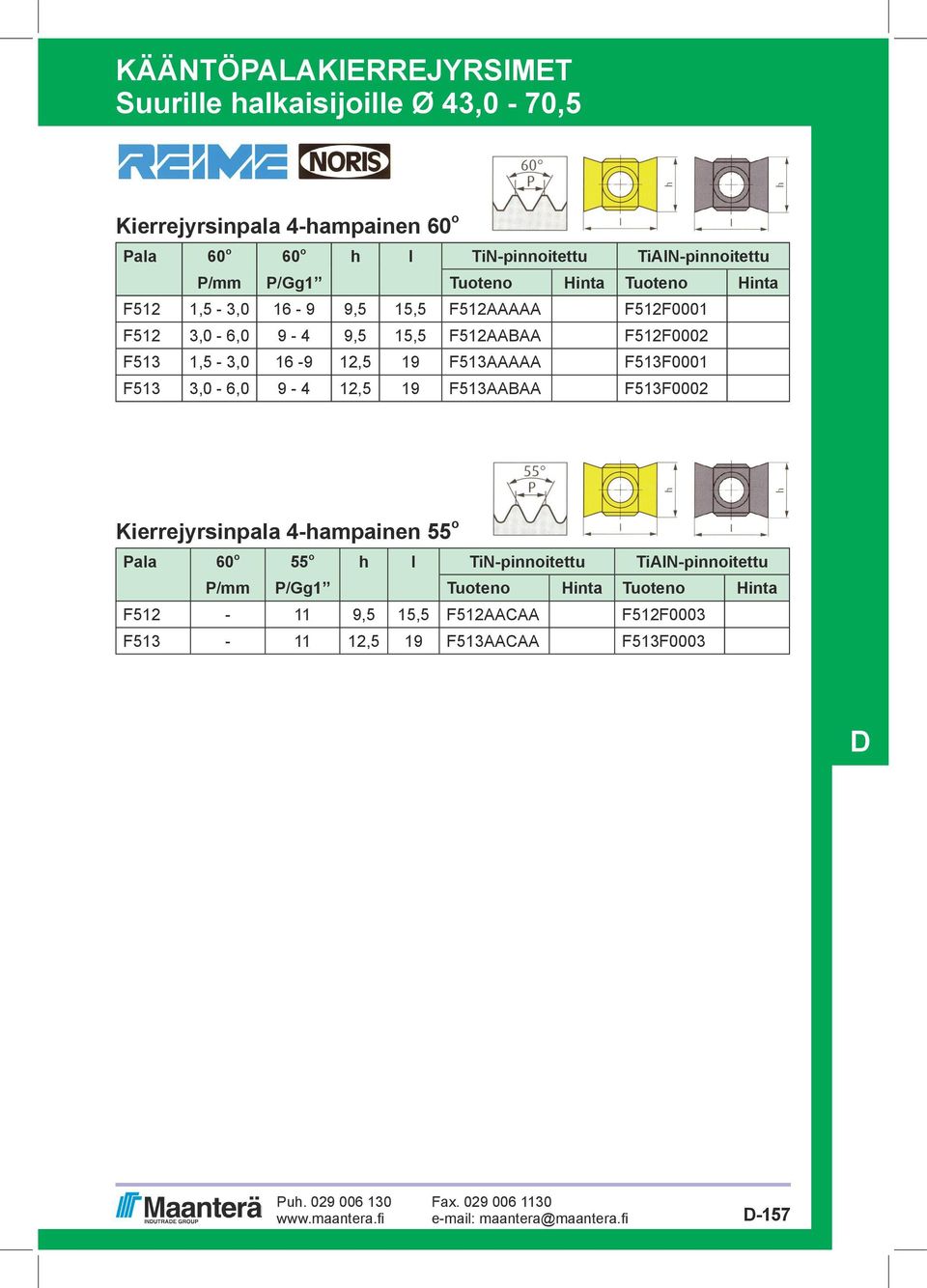 F512F0002 F513 1,5-3,0 16-9 12,5 19 F513AAAAA F513F0001 F513 3,0-6,0 9-4 12,5 19 F513AABAA F513F0002 Kierrejyrsinpala 4-hampainen 55 o Pala 60 o