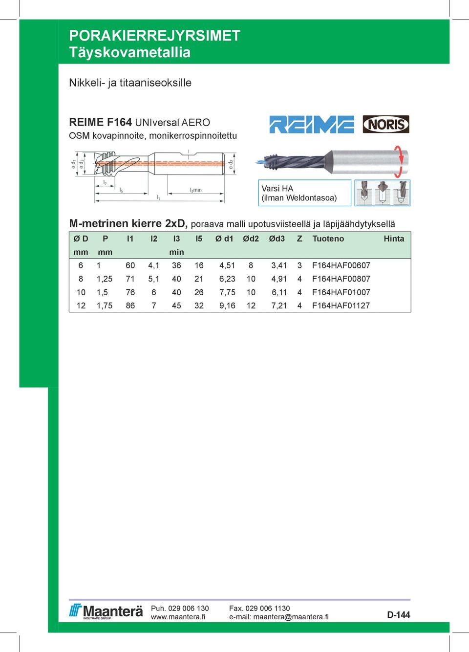 läpijäähdytyksellä Ø D P l1 l2 l3 l5 Ø d1 Ød2 Ød3 Z Tuoteno Hinta mm mm min 6 1 60 4,1 36 16 4,51 8 3,41 3 F164HAF00607