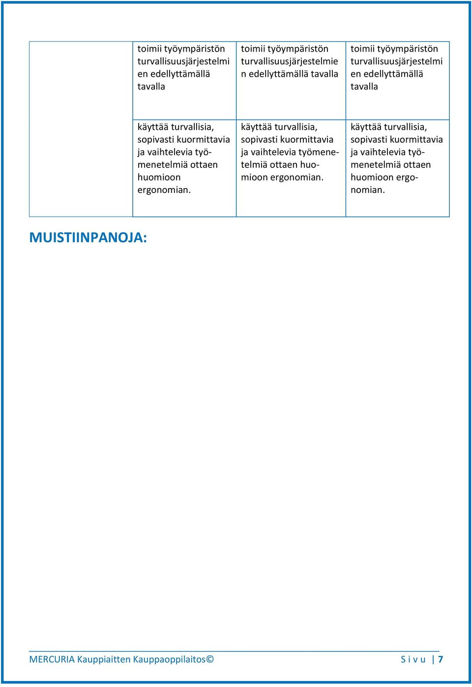 ottaen huomioon ergonomian. käyttää turvallisia, sopivasti kuormittavia ja vaihtelevia työmenetelmiä ottaen huomioon ergonomian.