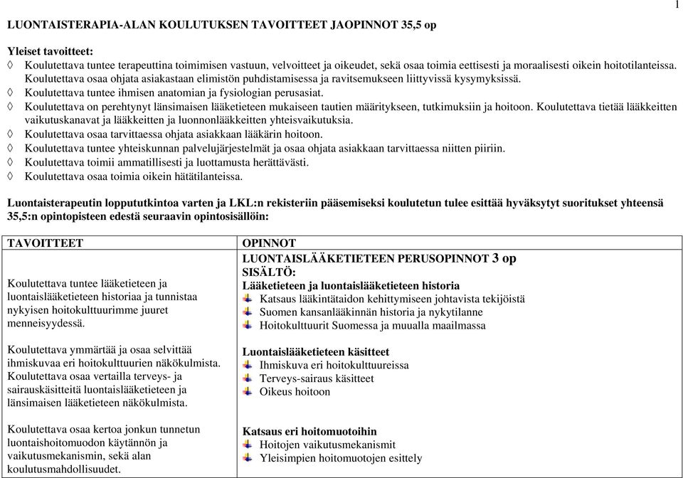 Koulutettava tuntee ihmisen anatomian ja fysiologian perusasiat. Koulutettava on perehtynyt länsimaisen lääketieteen mukaiseen tautien määritykseen, tutkimuksiin ja hoitoon.