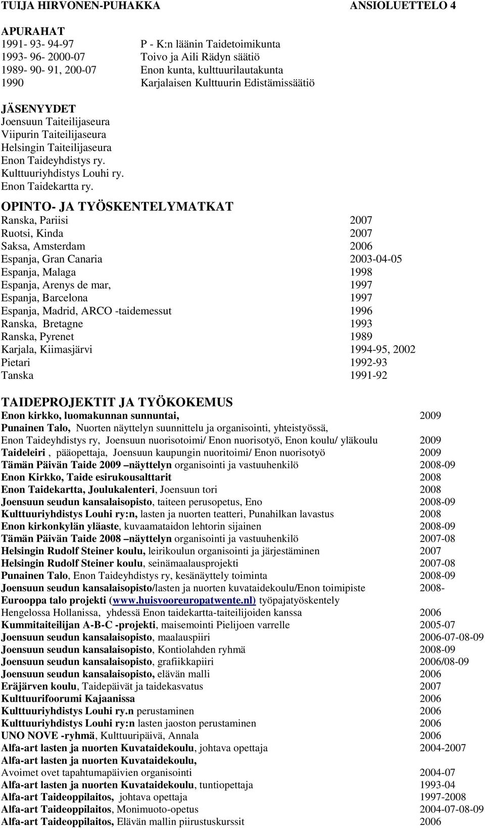 OPINTO- JA TYÖSKENTELYMATKAT Ranska, Pariisi 2007 Ruotsi, Kinda 2007 Saksa, Amsterdam 2006 Espanja, Gran Canaria 2003-04-05 Espanja, Malaga 1998 Espanja, Arenys de mar, 1997 Espanja, Barcelona 1997