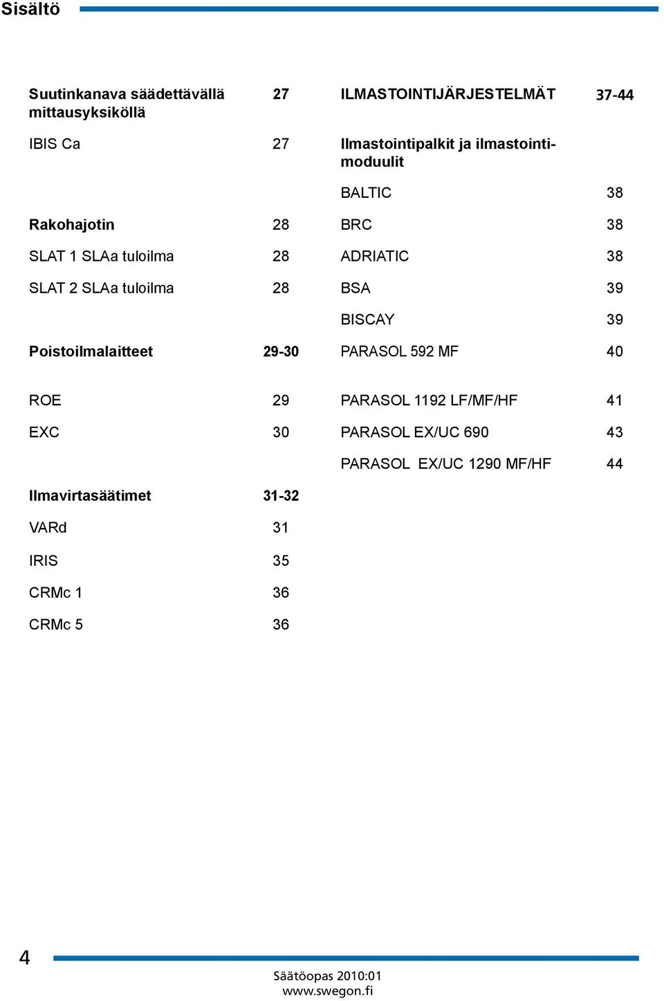 SLAT 2 SLAa tuloilma 28 BSA 39 BISCAY 39 Poistoilmalaitteet 29-30 PARASOL 592 MF 40 ROE 29 PARASOL 1192