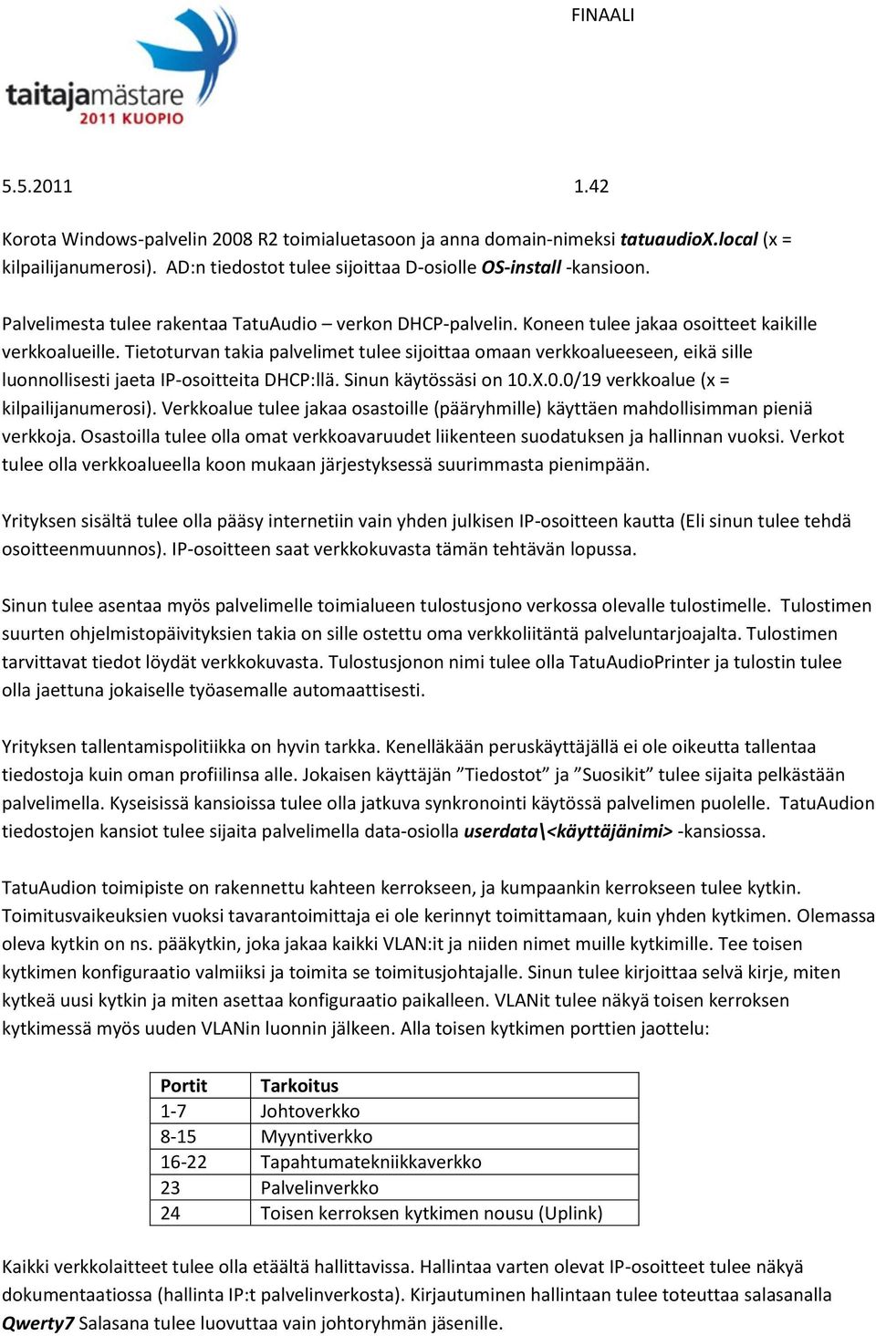 Tietoturvan takia palvelimet tulee sijoittaa omaan verkkoalueeseen, eikä sille luonnollisesti jaeta IP-osoitteita DHCP:llä. Sinun käytössäsi on 10.X.0.0/19 verkkoalue (x = kilpailijanumerosi).