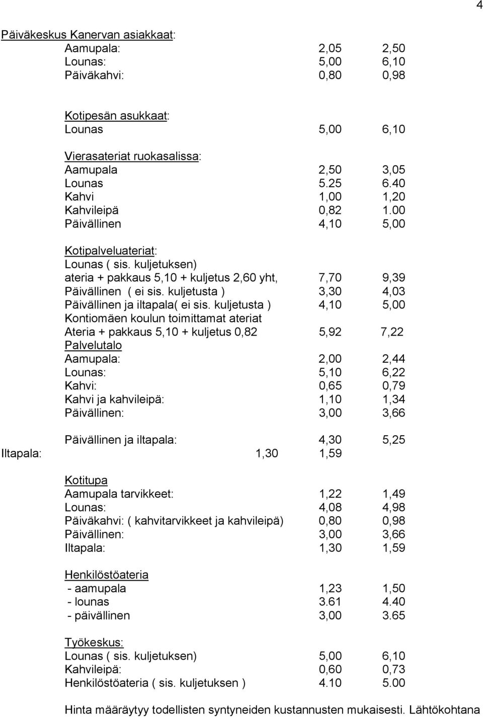 kuljetusta ) 3,30 4,03 Päivällinen ja iltapala( ei sis.