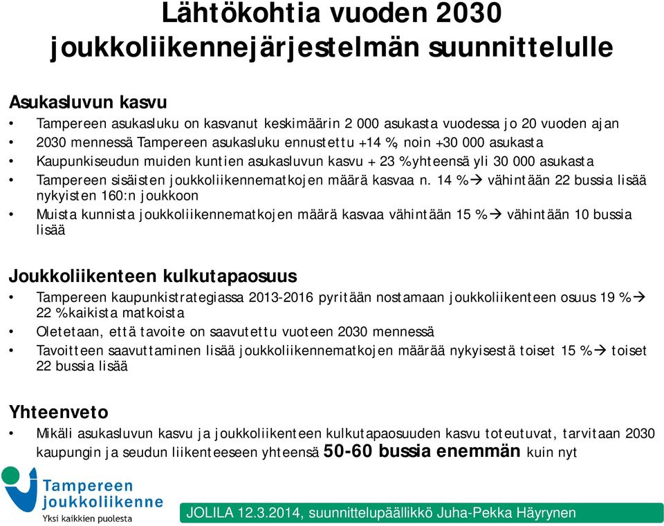 14 % vähintään 22 bussia lisää nykyisten 160:n joukkoon Muista kunnista joukkoliikennematkojen määrä kasvaa vähintään 15 % vähintään 10 bussia lisää Joukkoliikenteen kulkutapaosuus Tampereen