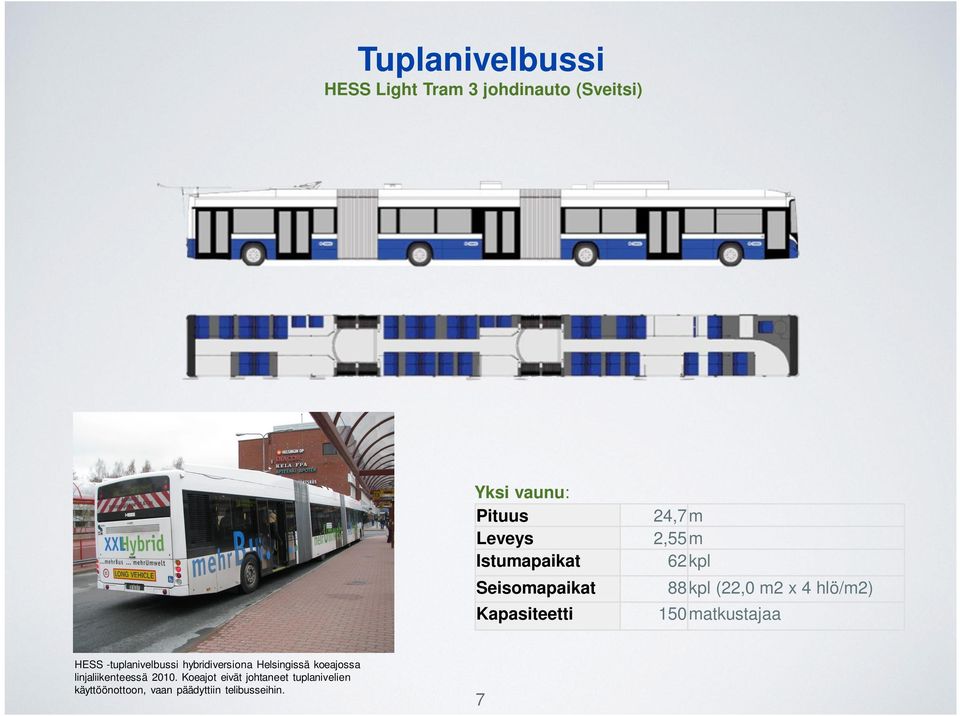 150 matkustajaa HESS -tuplanivelbussi hybridiversiona Helsingissä koeajossa