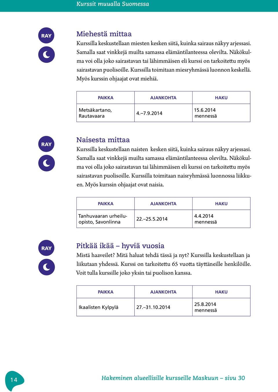 PAIKKA AJANKOHTA HAKU Metsäkartano, Rautavaara 4. 7.9.2014 15.6.2014 Naisesta mittaa Kurssilla keskustellaan naisten kesken siitä, kuinka sairaus näkyy arjessasi.