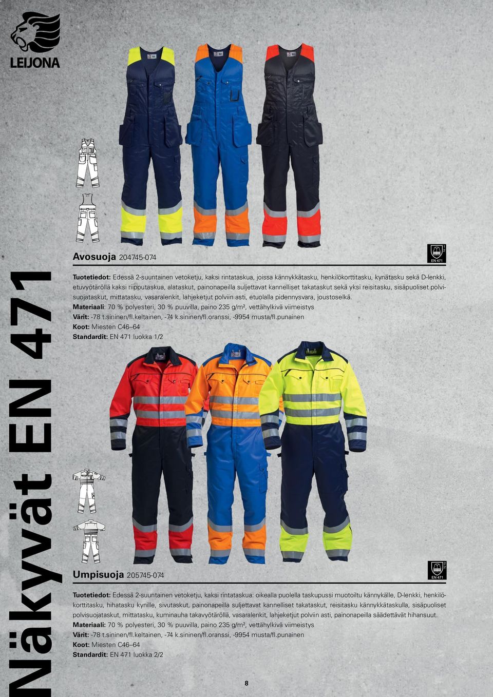 pidennysvara, joustoselkä. Materiaali: 70 % polyesteri, 30 % puuvilla, paino 35 g/m², vettähylkivä viimeistys Värit: -78 t.sininen/fl.keltainen, -74 k.sininen/fl.oranssi, -9954 musta/fl.