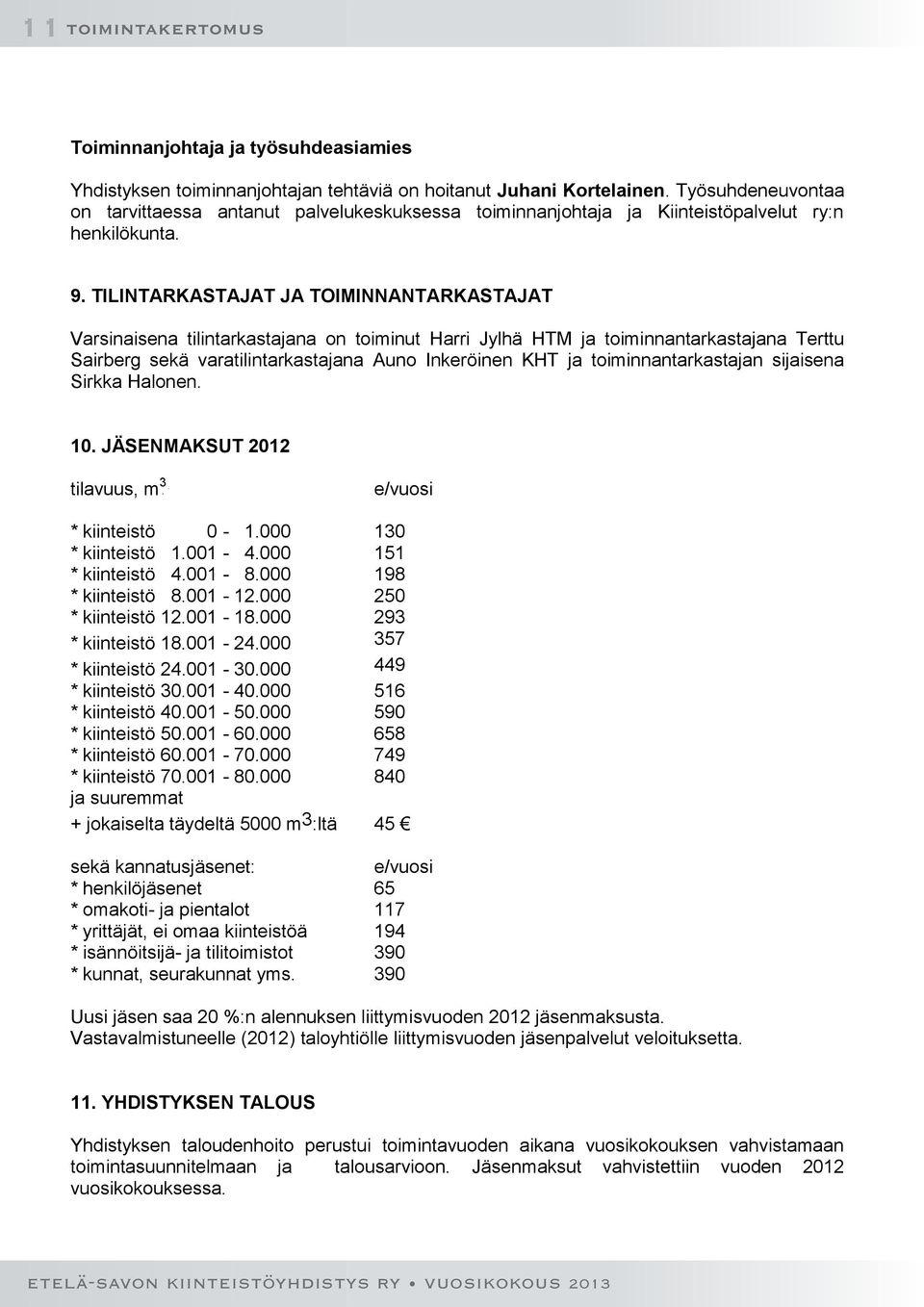 TILINTARKASTAJAT JA TOIMINNANTARKASTAJAT Varsinaisena tilintarkastajana on toiminut Harri Jylhä HTM ja toiminnantarkastajana Terttu Sairberg sekä varatilintarkastajana Auno Inkeröinen KHT ja