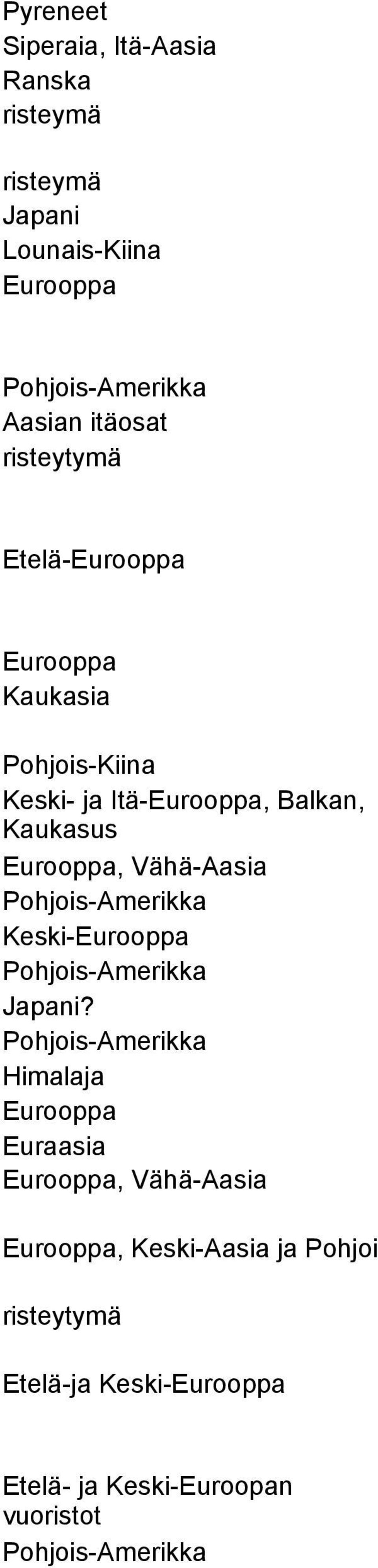 Itä-, Balkan, Kaukasus, Vähä-Aasia Keski- Japani?