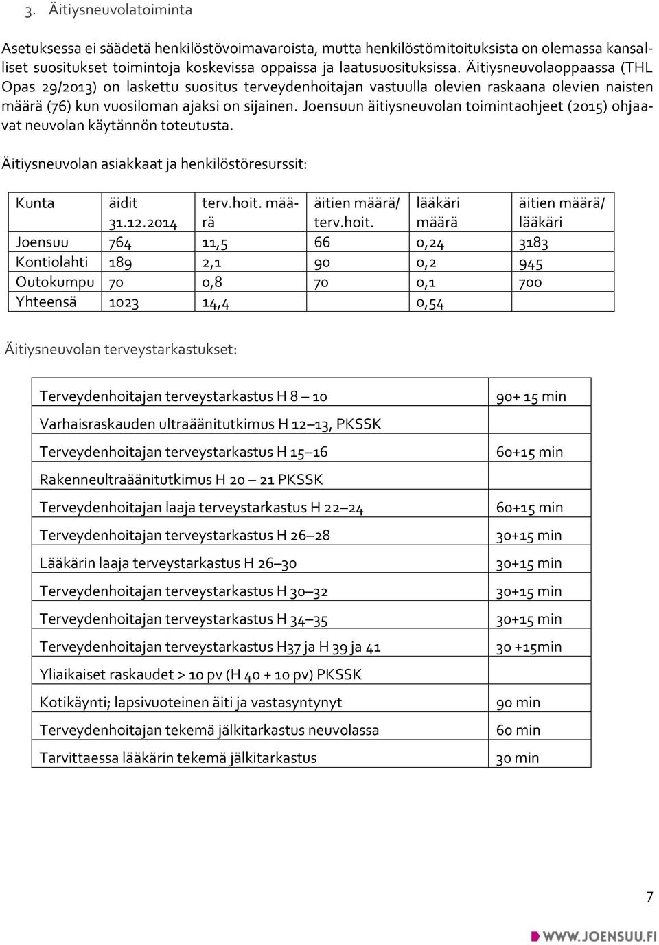 Joensuun äitiysneuvolan toimintaohjeet (2015) ohjaavat neuvolan käytännön toteutusta. Äitiysneuvolan asiakkaat ja henkilöstöresurssit: Kunta äidit 31.12.2014 terv.hoit.