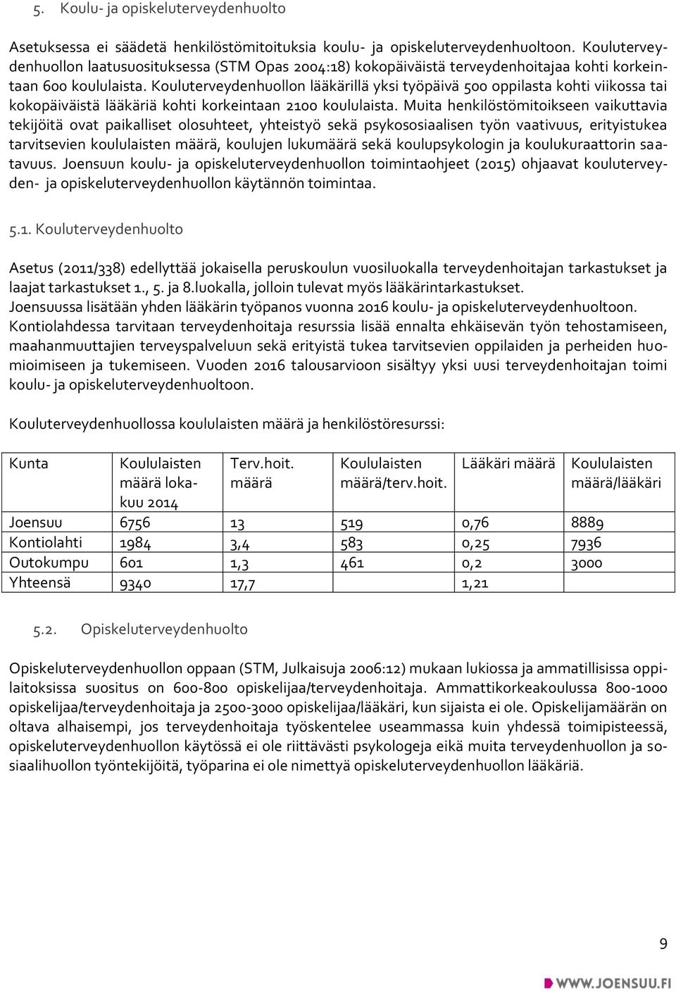 Kouluterveydenhuollon lääkärillä yksi työpäivä 500 oppilasta kohti viikossa tai kokopäiväistä lääkäriä kohti korkeintaan 2100 koululaista.