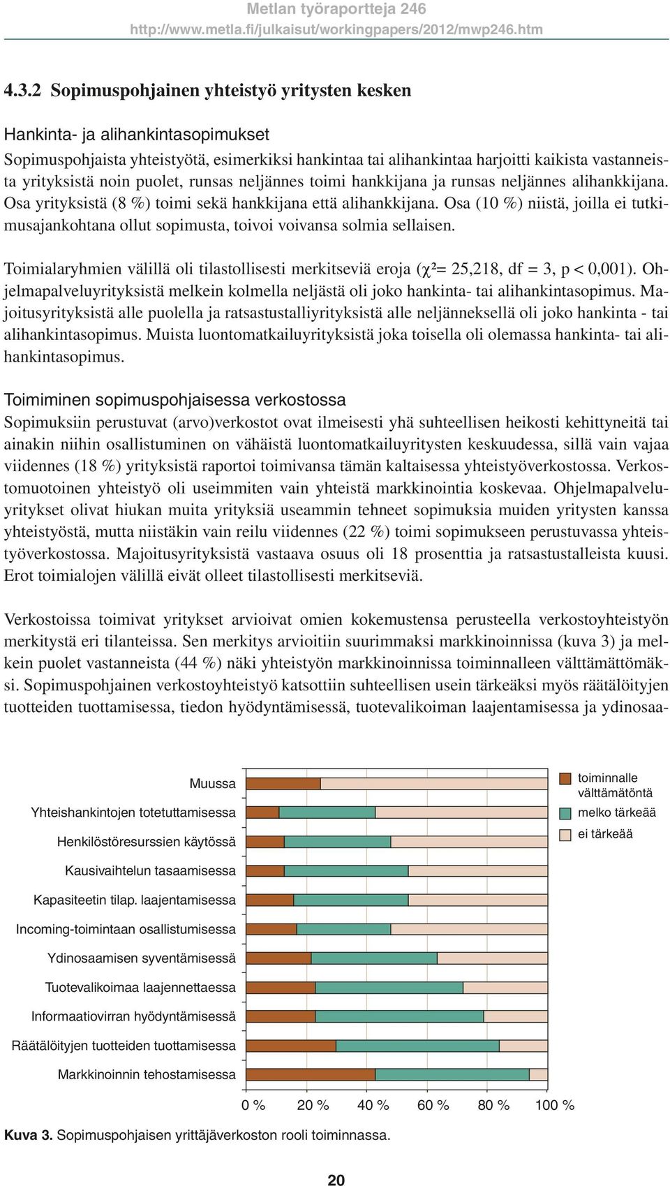 Osa (10 %) niistä, joilla ei tutkimusajankohtana ollut sopimusta, toivoi voivansa solmia sellaisen. Toimialaryhmien välillä oli tilastollisesti merkitseviä eroja (χ²= 25,218, df = 3, p < 0,001).